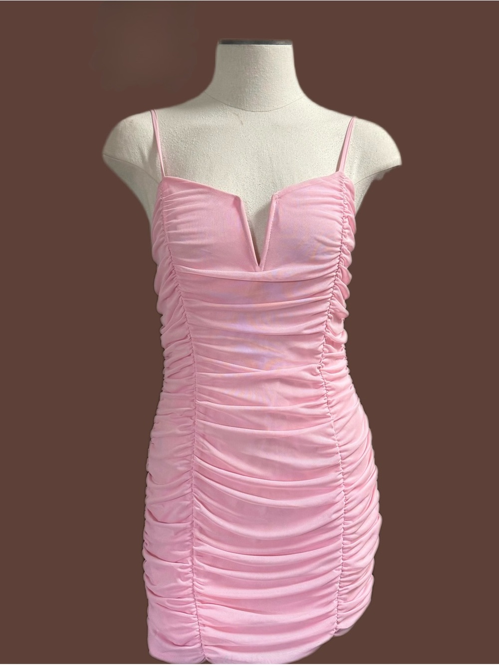 Pink Ruched Spaghetti-Strap Mini Dress with V-Notch